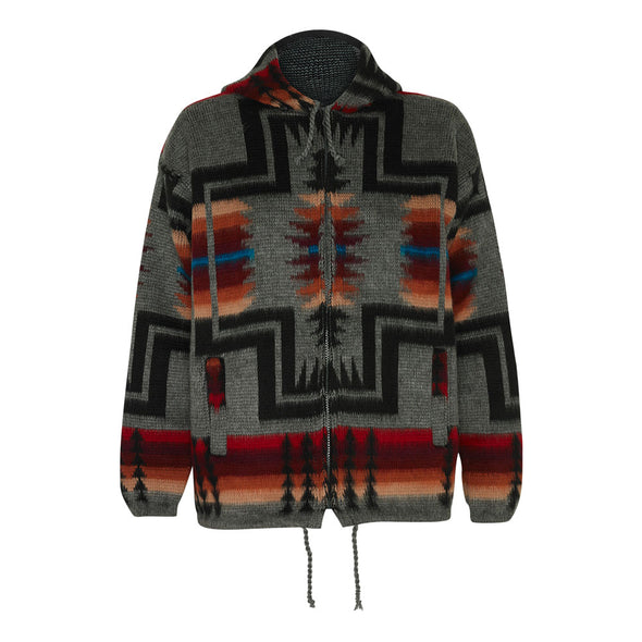 Alpaca Wool Jacket with Hoodie - Native American Style - Grey