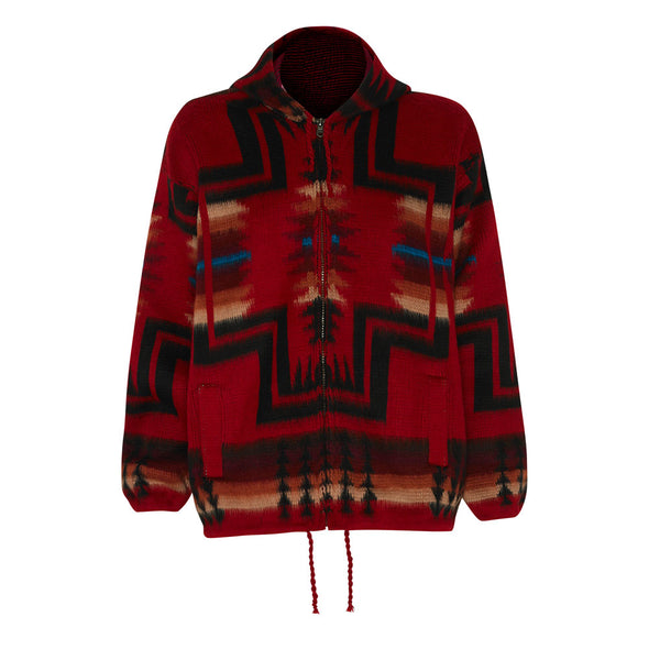 Alpaca Wool Jacket with Hoodie - Native American Style - Red