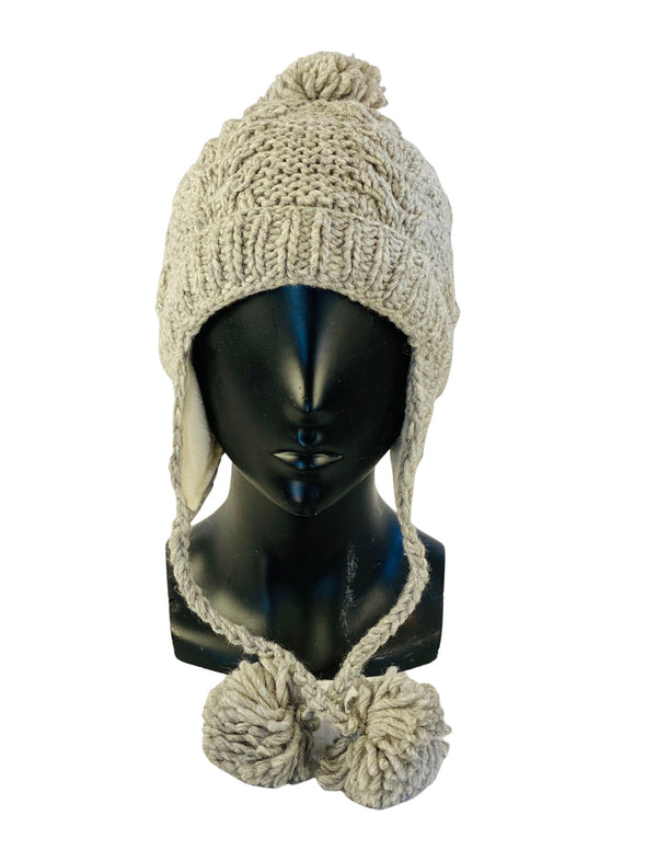 Hand Knitted Wool Beanie with Pompoms