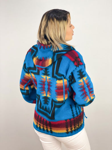 Alpaca Wool Jacket with Hoodie - Native American Style - Turquoise & Black