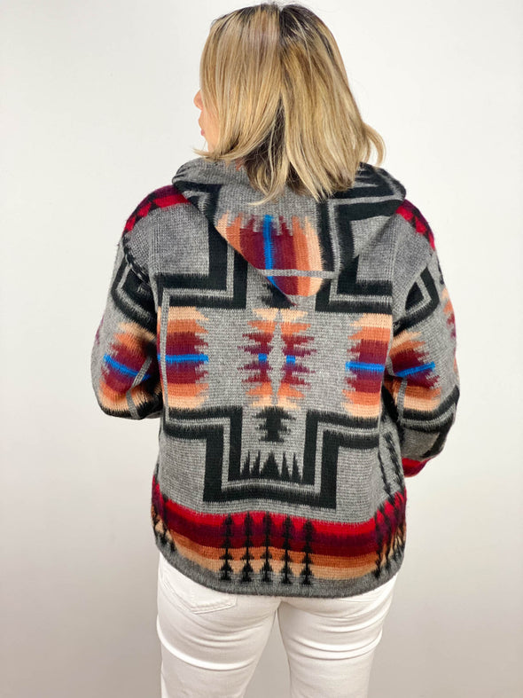 Alpaca Wool Jacket with Hoodie - Native American Style - Grey