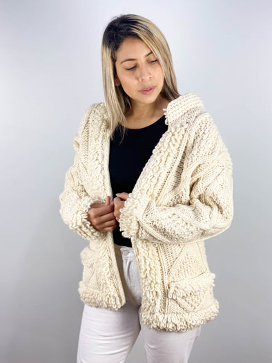 Ladies Hand Knitted Ivory Wool Jacket
