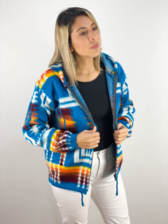 Alpaca Wool Jacket with Hoodie - Native American Style - Turquoise & White