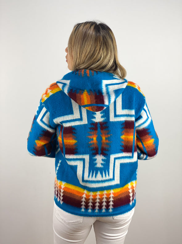 Alpaca Wool Jacket with Hoodie - Native American Style - Navy