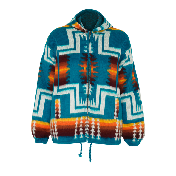 Alpaca Wool Jacket with Hoodie - Native American Style - Turquoise & White