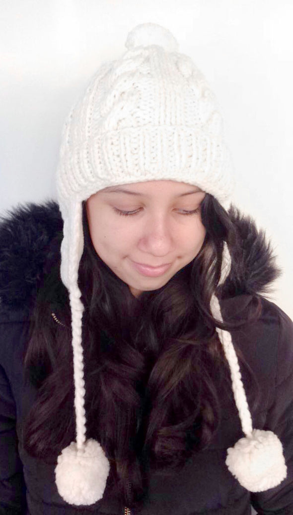 Hand Knitted Wool Beanie with Pompoms